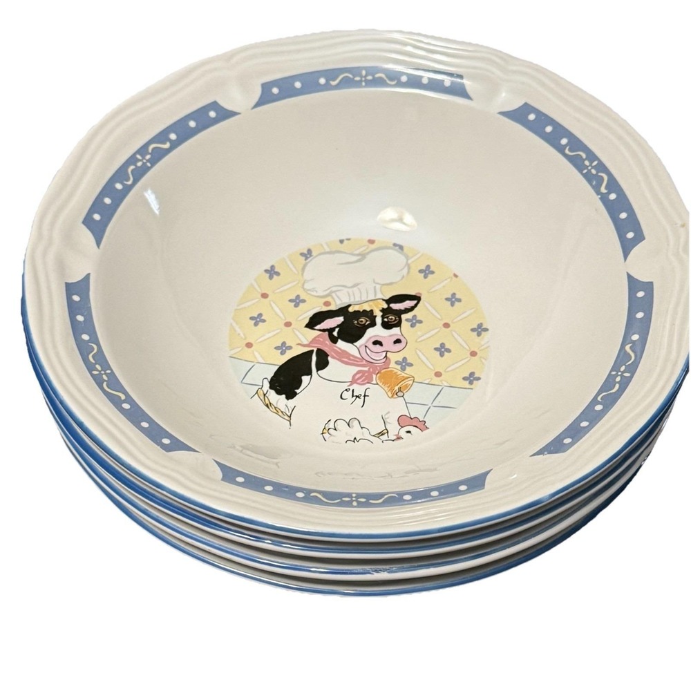 Vintage Newcor Kitchen Kow Soup Cereal Bowls Set 4 Farm Cow Chicken 7"